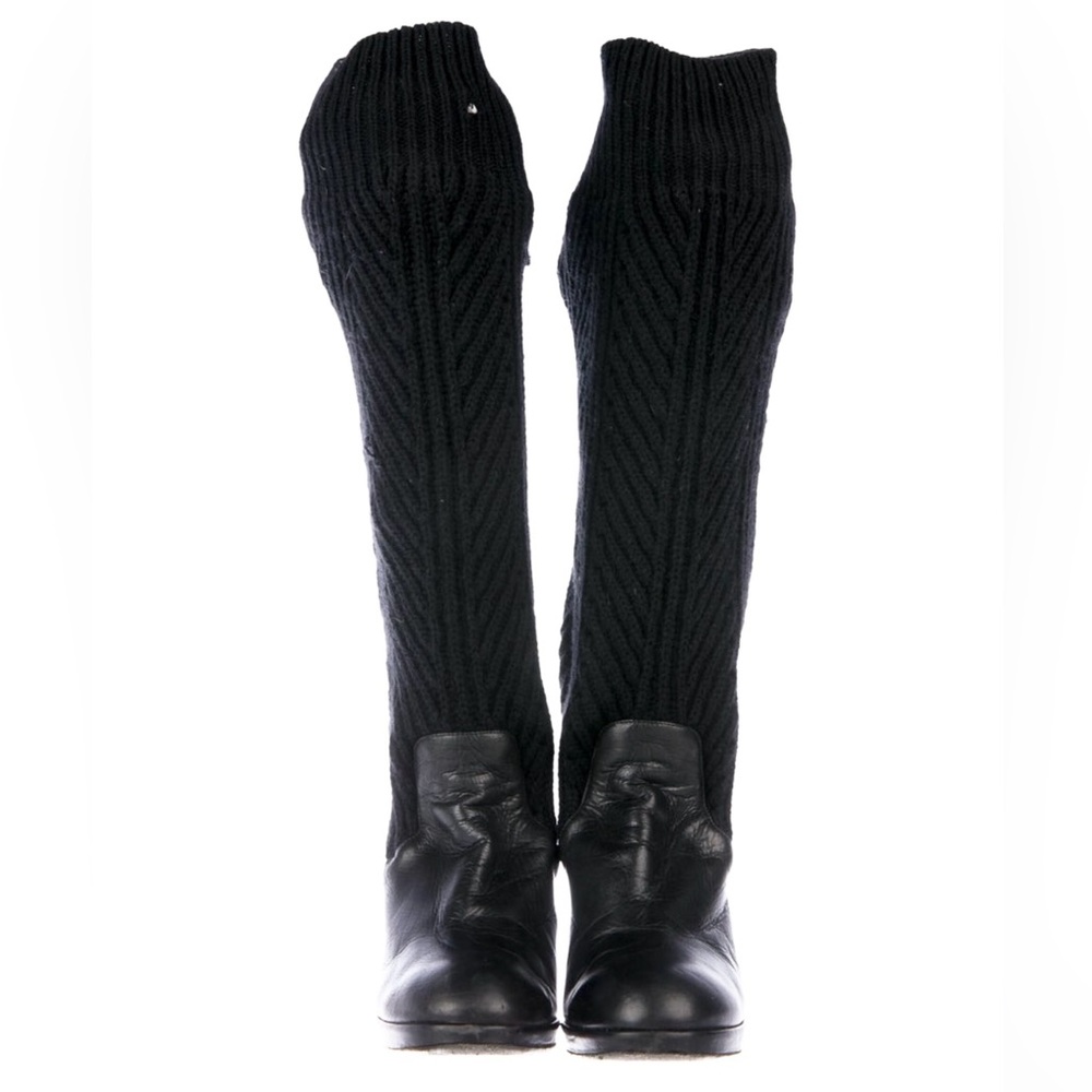 SONIA RYKIEL PARIS Black Leather Sock Knit Knee-High Boots size EUR 36.5 US 6